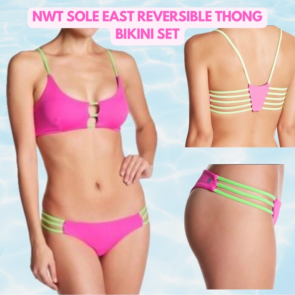 NWT Reversible Brazilian Thong Bikini Set PINK AND GREEN